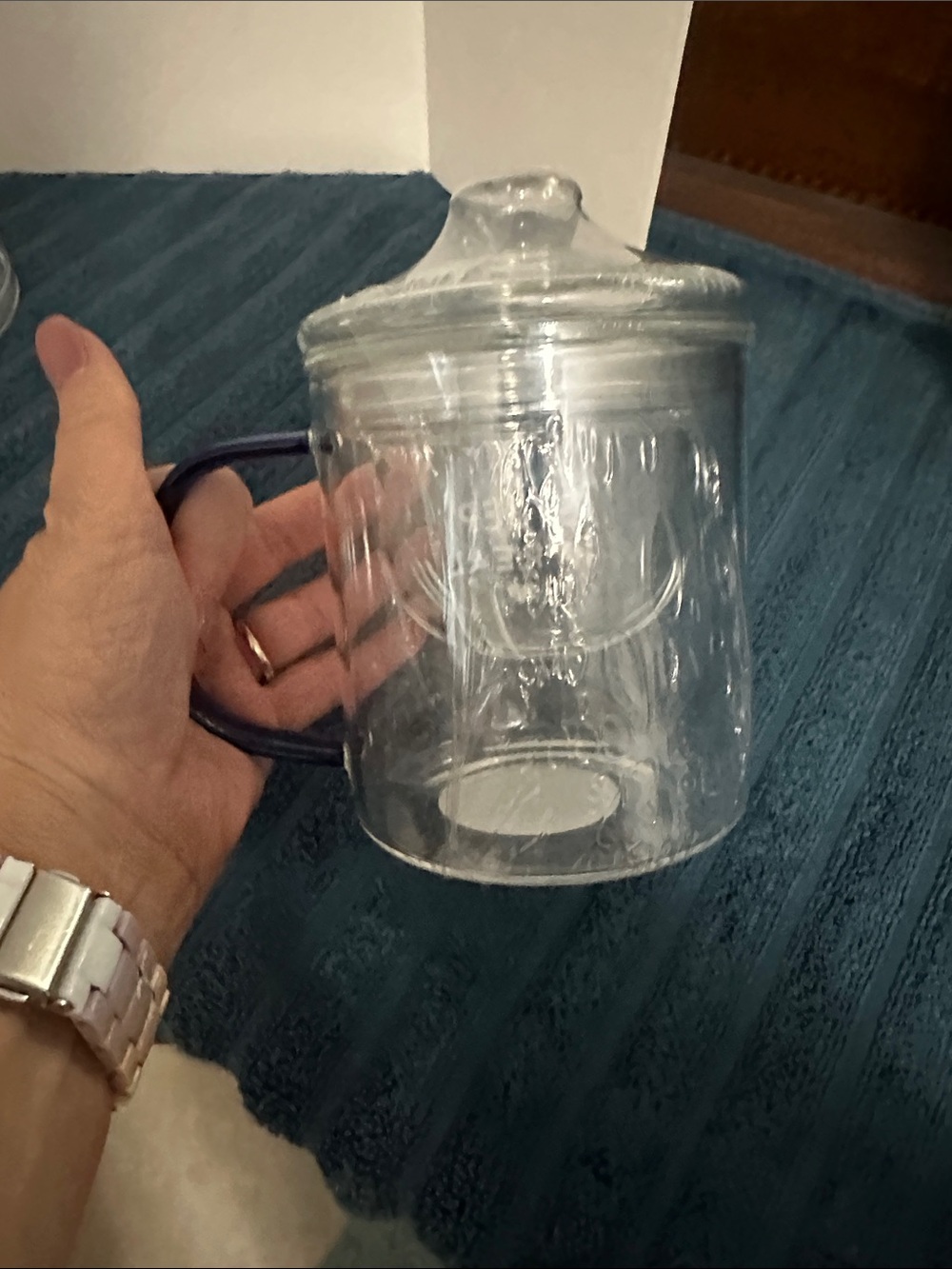 Glass Tea Steeper with Lid and Blue Handle - "Steep It Real", glass honey keeper - Picture 7 of 8